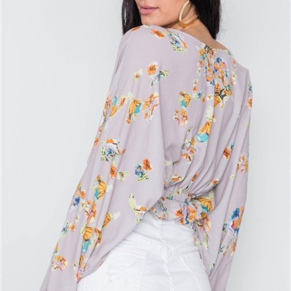 MAUVE BATWING FLORAL SURPLICE NECK TOP - Picture 3 of 4